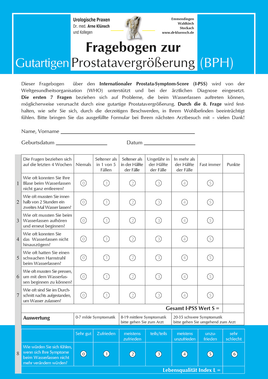 Fragebogen zur Benigne Prostatahyperplasie - zu Hause ausfüllen und beim nächsten Termin besprechen